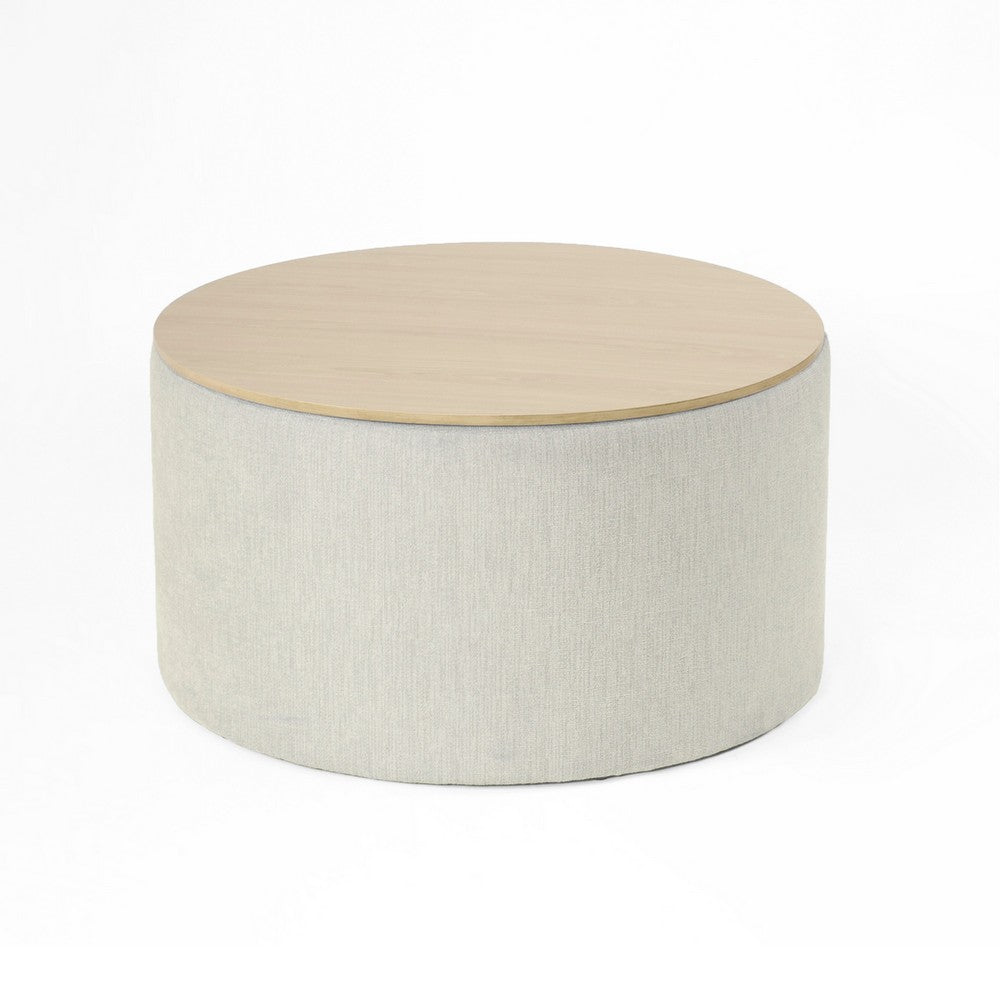 Mesy Storage Ottoman, 30 Inch Round Lift Tray Top, Light Gray Woven -BM334098