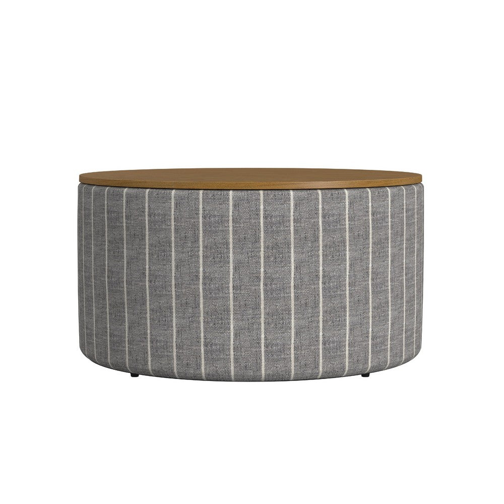 Jena Storage Ottoman, 30 Inch Round Lift Tray Top, Gray Pinstripe -BM334099