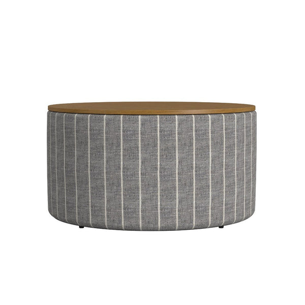 Jena Storage Ottoman, 30 Inch Round Lift Tray Top, Gray Pinstripe -BM334099