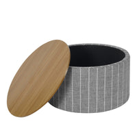 Jena Storage Ottoman, 30 Inch Round Lift Tray Top, Gray Pinstripe -BM334099