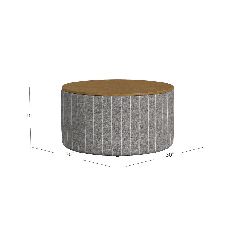 Jena Storage Ottoman, 30 Inch Round Lift Tray Top, Gray Pinstripe -BM334099