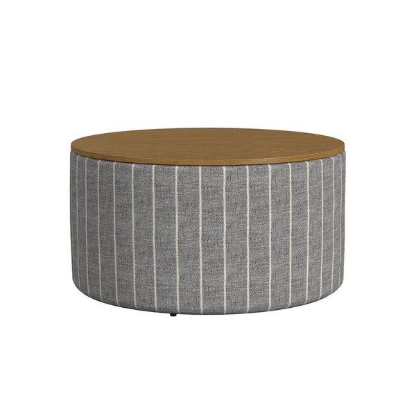Jena Storage Ottoman, 30 Inch Round Lift Tray Top, Gray Pinstripe -BM334099