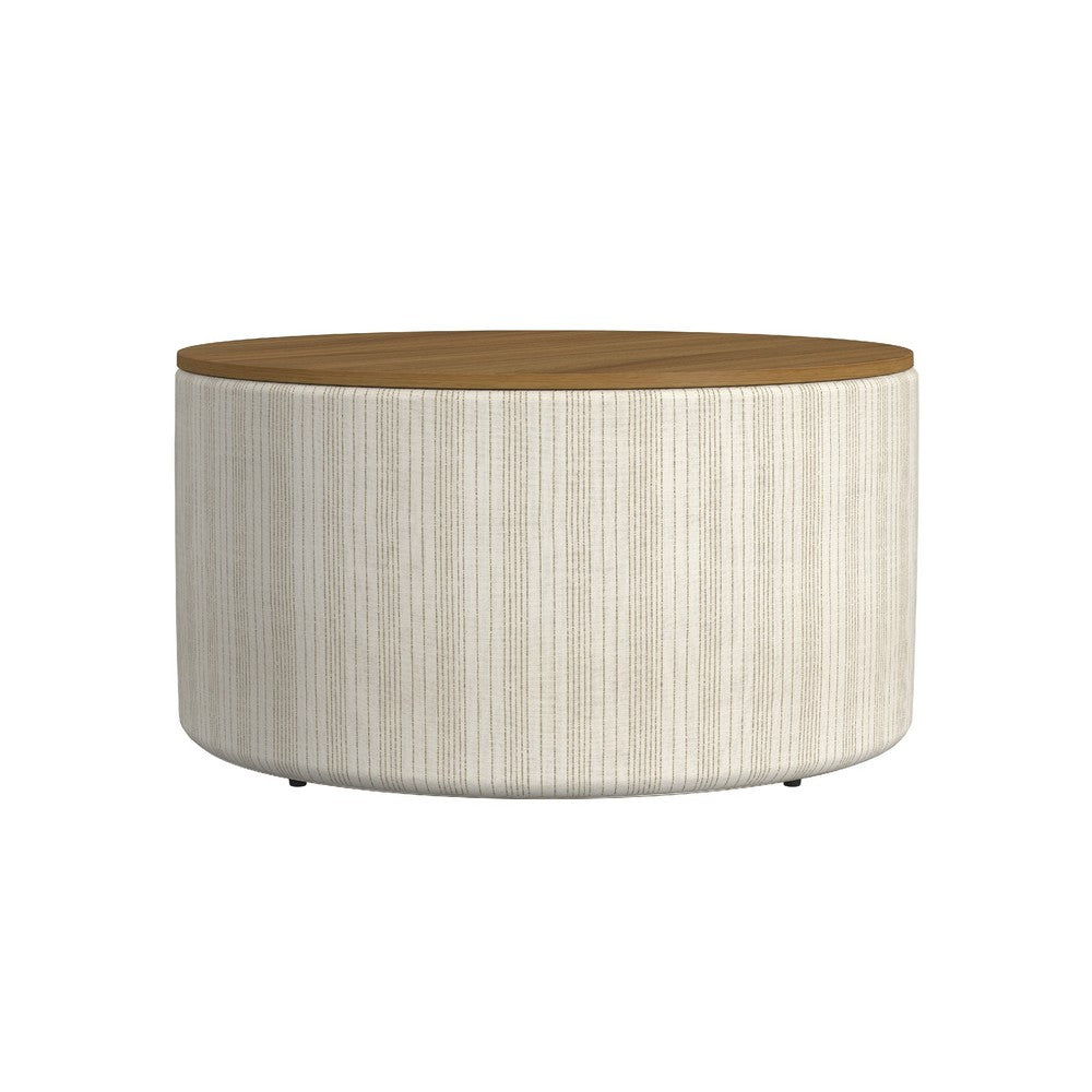 Jena Storage Ottoman, 30 Inch Round Lift Tray Top, Ivory Pinstripes -BM334100
