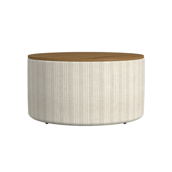 Jena Storage Ottoman, 30 Inch Round Lift Tray Top, Ivory Pinstripes -BM334100