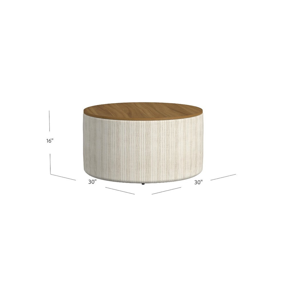 Jena Storage Ottoman, 30 Inch Round Lift Tray Top, Ivory Pinstripes -BM334100