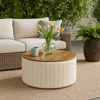 Jena Storage Ottoman, 30 Inch Round Lift Tray Top, Ivory Pinstripes -BM334100