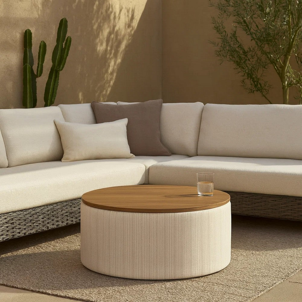 Jena Storage Ottoman, 30 Inch Round Lift Tray Top, Ivory Pinstripes -BM334100