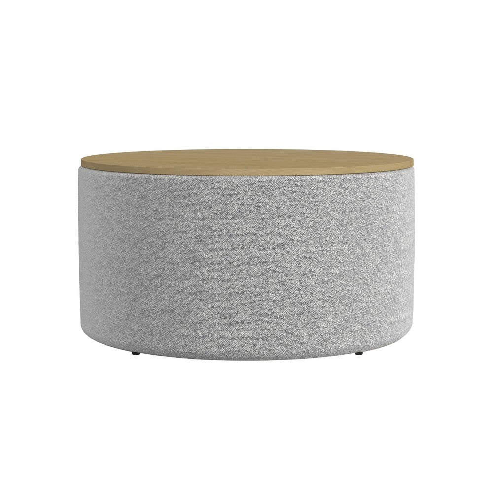 Mesy Storage Ottoman, 30 Inch Round Lift Tray Top, Light Gray Boucle -BM334101