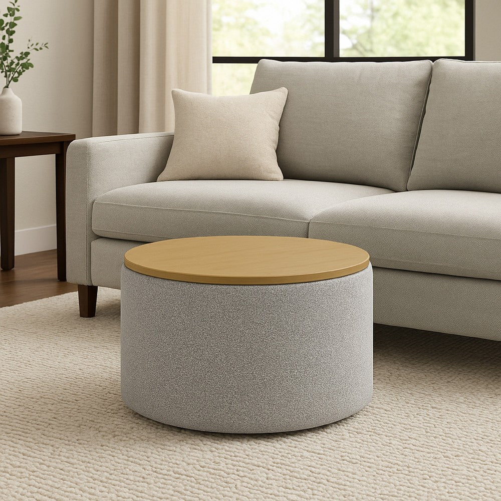 Mesy Storage Ottoman, 30 Inch Round Lift Tray Top, Light Gray Boucle -BM334101
