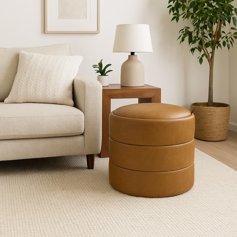 Pero Storage Ottoman, 18 Inch Round Removable Lid, Brown Faux Leather -BM334104