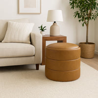 Pero Storage Ottoman, 18 Inch Round Removable Lid, Brown Faux Leather -BM334104