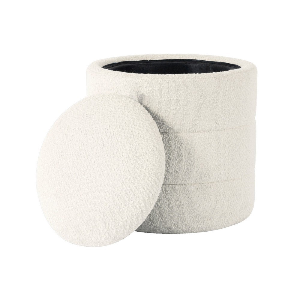 Pero Storage Ottoman, 18 Inch Round Removable Lid, White Boucle Fabric -BM334105