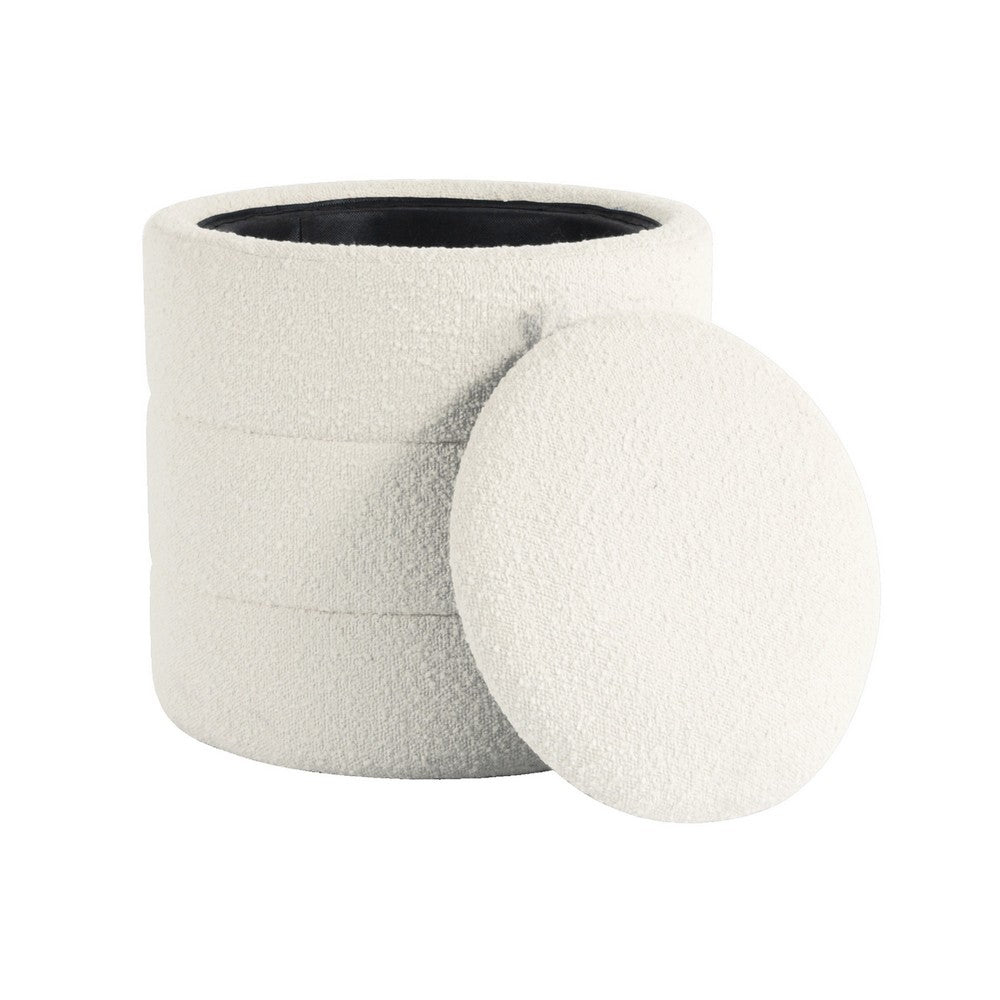 Pero Storage Ottoman, 18 Inch Round Removable Lid, White Boucle Fabric -BM334105