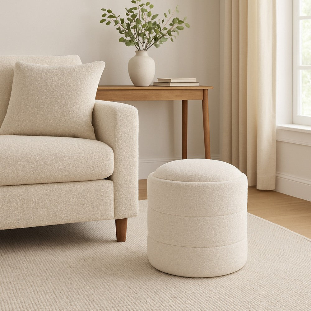 Pero Storage Ottoman, 18 Inch Round Removable Lid, White Boucle Fabric -BM334105
