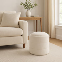 Pero Storage Ottoman, 18 Inch Round Removable Lid, White Boucle Fabric -BM334105