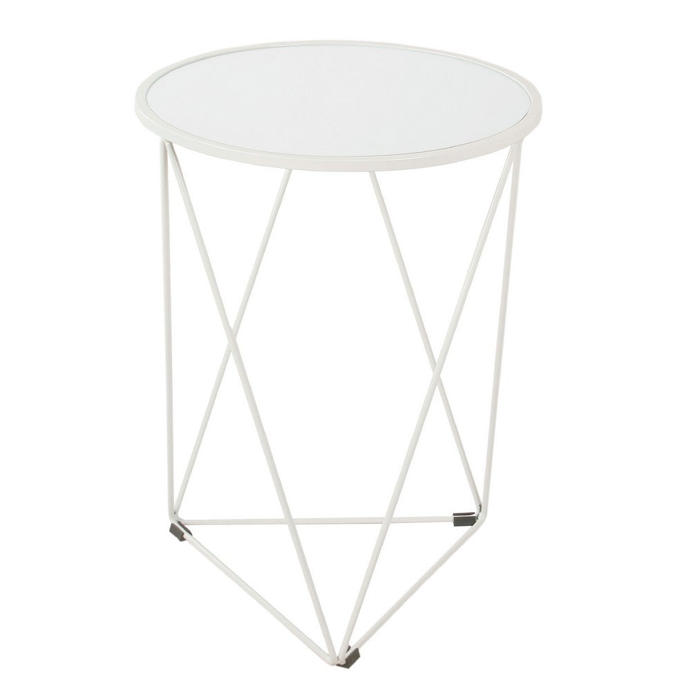 Accent Table, 18 Inch, Round Mirror Top and Open White Metal Base -BM334114