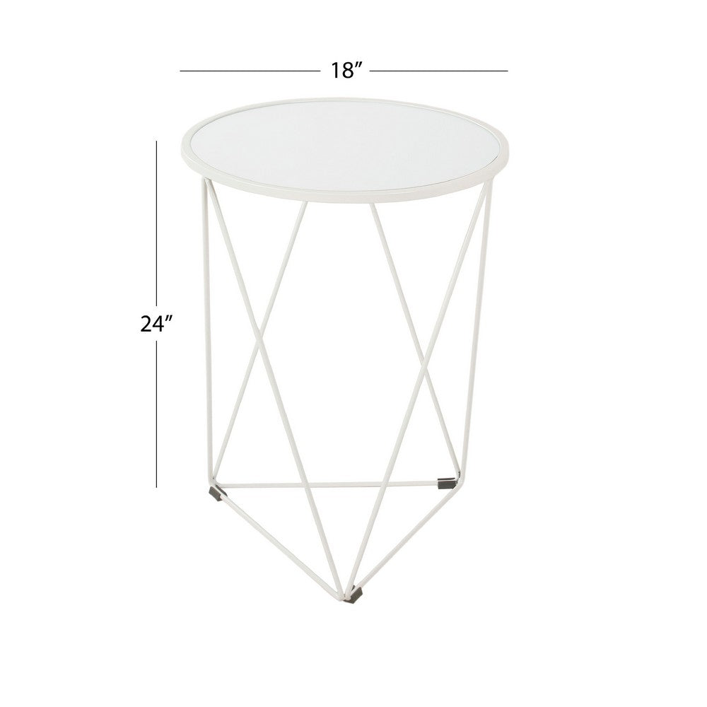 Accent Table, 18 Inch, Round Mirror Top and Open White Metal Base -BM334114
