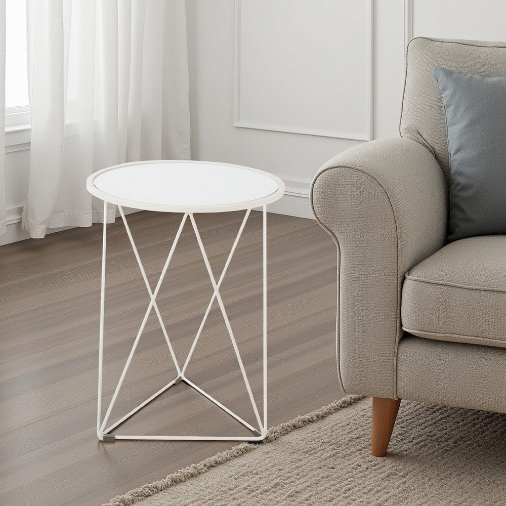 Accent Table, 18 Inch, Round Mirror Top and Open White Metal Base -BM334114