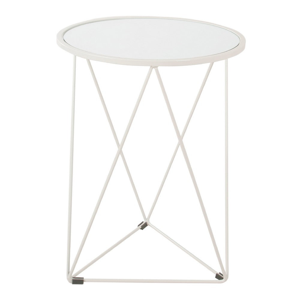 Accent Table, 18 Inch, Round Mirror Top and Open White Metal Base -BM334114