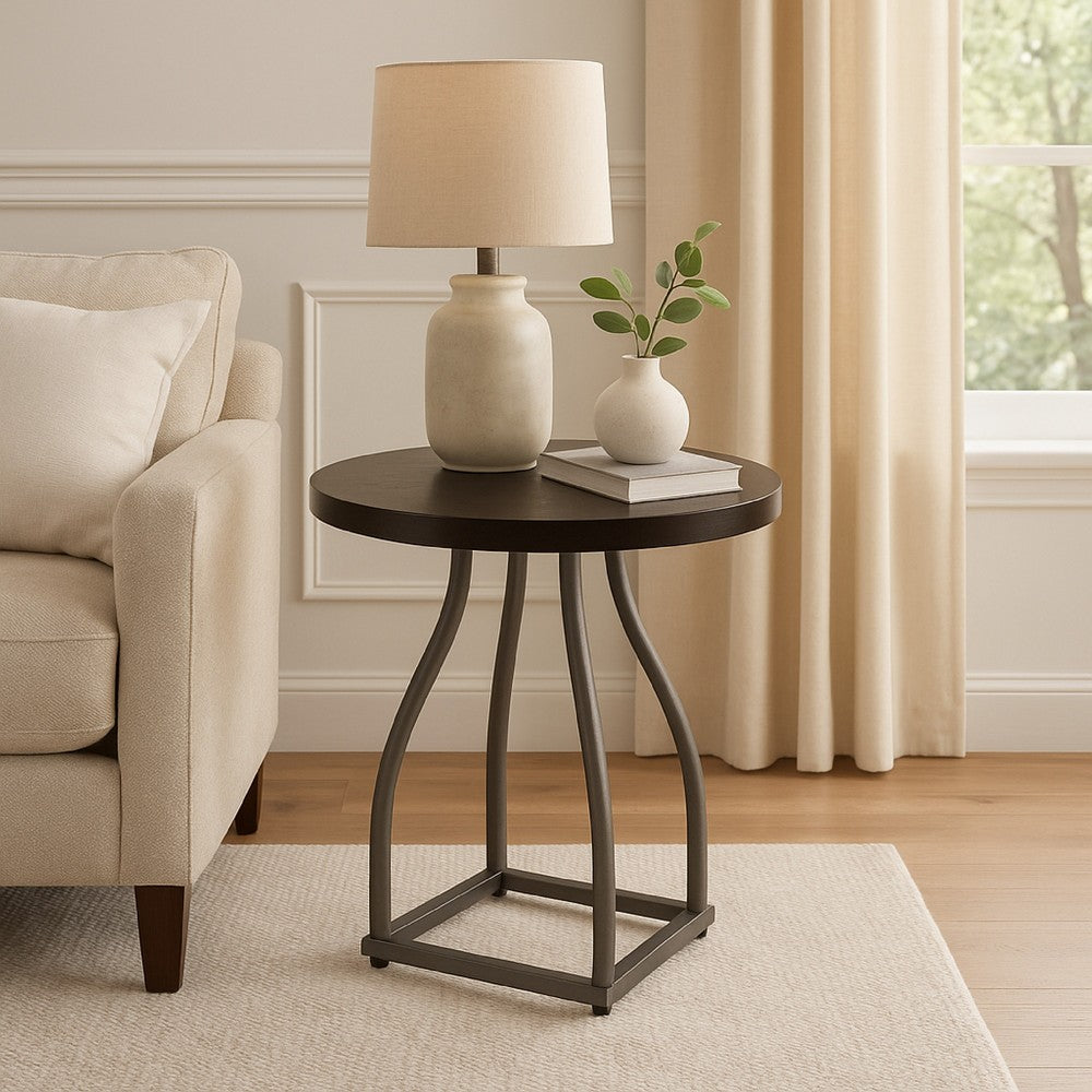 Tior Accent Table, 20 Inch Round Wood Brown Top, Gray Metal Base -BM334117