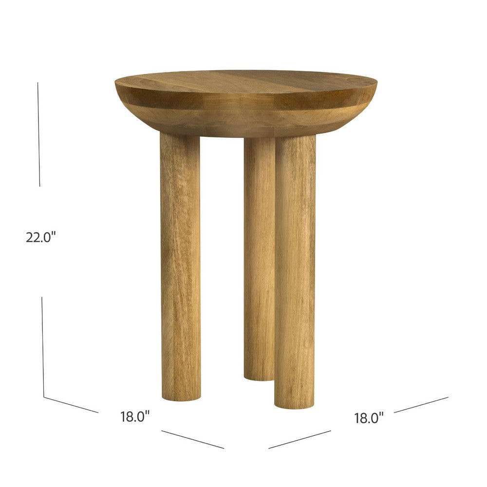 Yiro Side Table, 18 Inch Brown Mango Wood Top, Three-Legged Design -BM334118