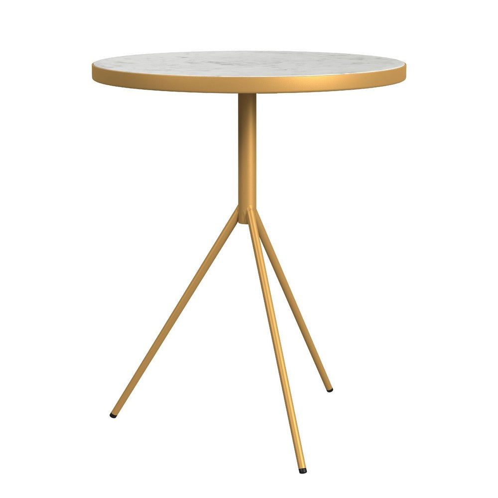 Side Table, Gold Metal Tripod Base and 18 Inch Round White Marble Top -BM334123