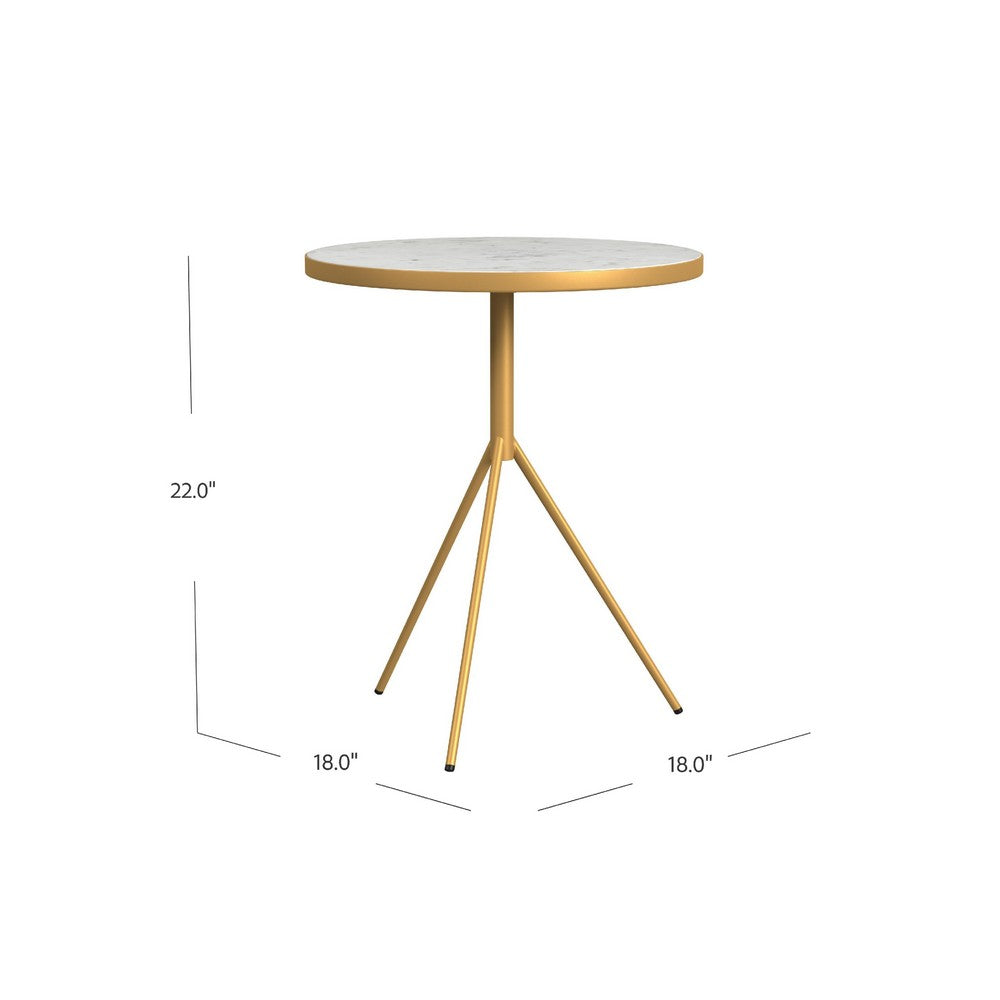 Side Table, Gold Metal Tripod Base and 18 Inch Round White Marble Top -BM334123