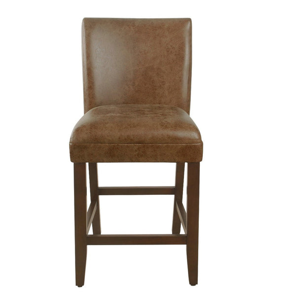 24 Inch Counter Stool Chair, Brown Wood Frame, Faux Leather Seat -BM334124