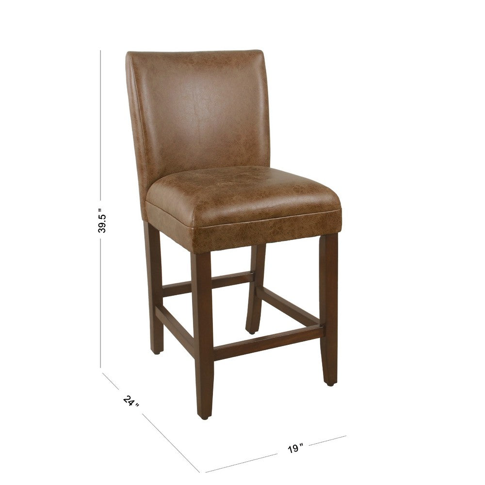 24 Inch Counter Stool Chair, Brown Wood Frame, Faux Leather Seat -BM334124