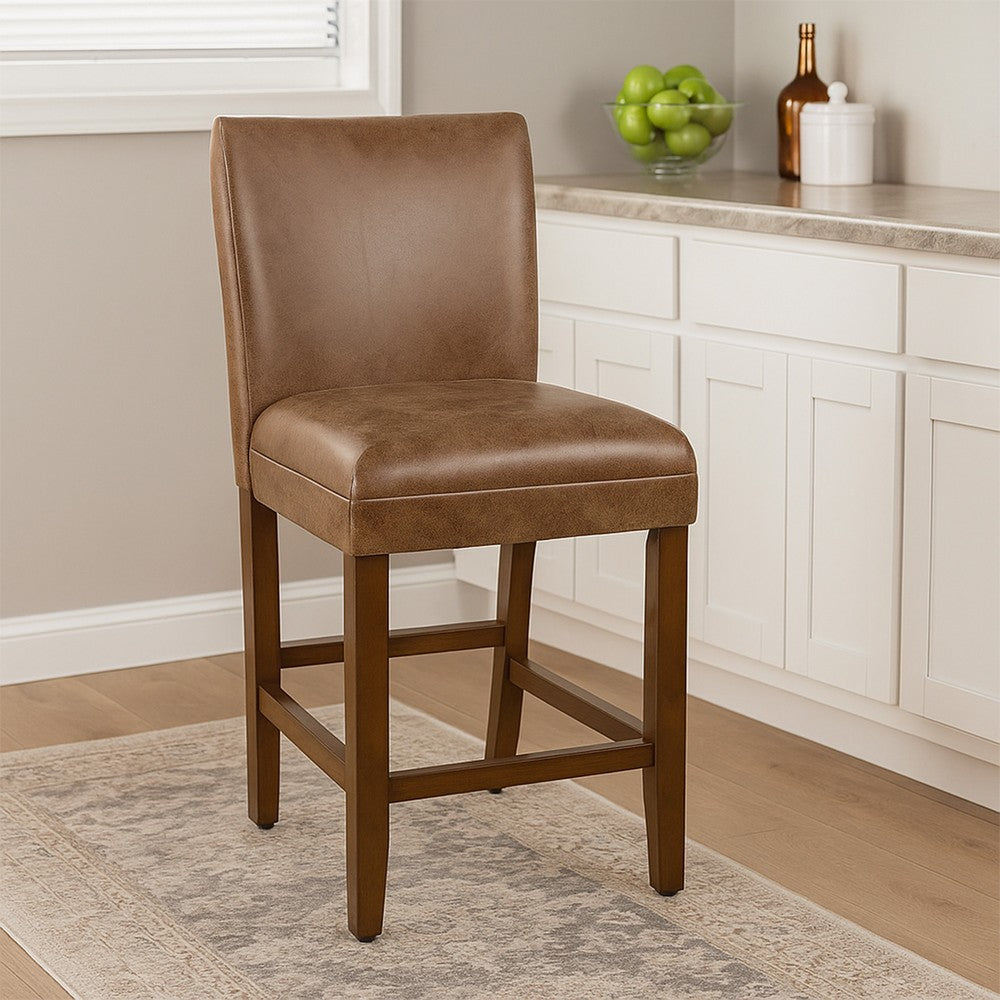 24 Inch Counter Stool Chair, Brown Wood Frame, Faux Leather Seat -BM334124