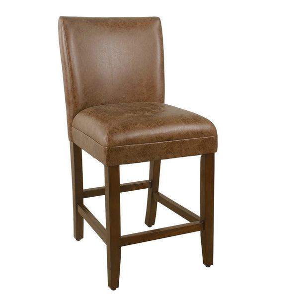 24 Inch Counter Stool Chair, Brown Wood Frame, Faux Leather Seat -BM334124