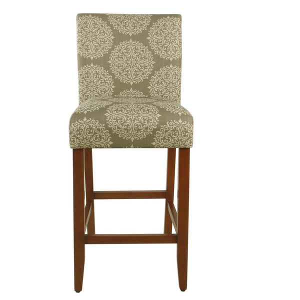 Mono Barstool Chair, Cream Polyester with Medallion Print, Brown Wood -BM334126