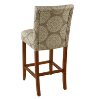 Mono Barstool Chair, Cream Polyester with Medallion Print, Brown Wood -BM334126