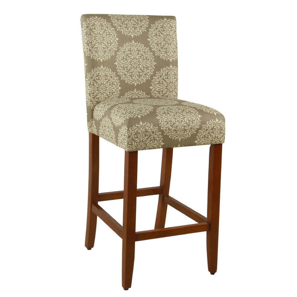 Mono Barstool Chair, Cream Polyester with Medallion Print, Brown Wood -BM334126