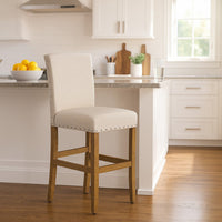 Siem Counter Stool Chair, Brown Beige Polyester Seat, Nailhead Trim -BM334128