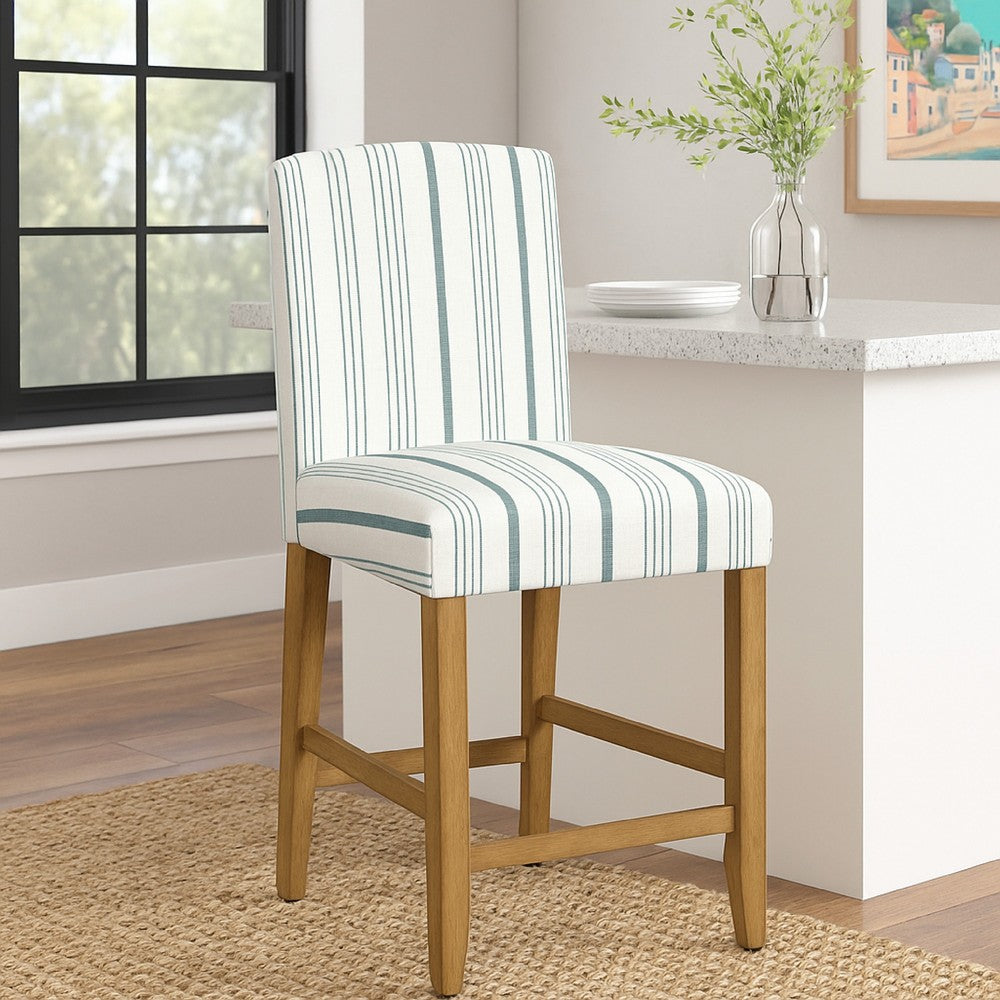 Pior Counter Stool Chair, Blue and White Stripe, Brown Wood Legs -BM334129