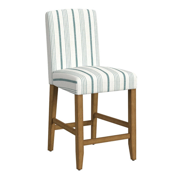 Pior Counter Stool Chair, Blue and White Stripe, Brown Wood Legs -BM334129
