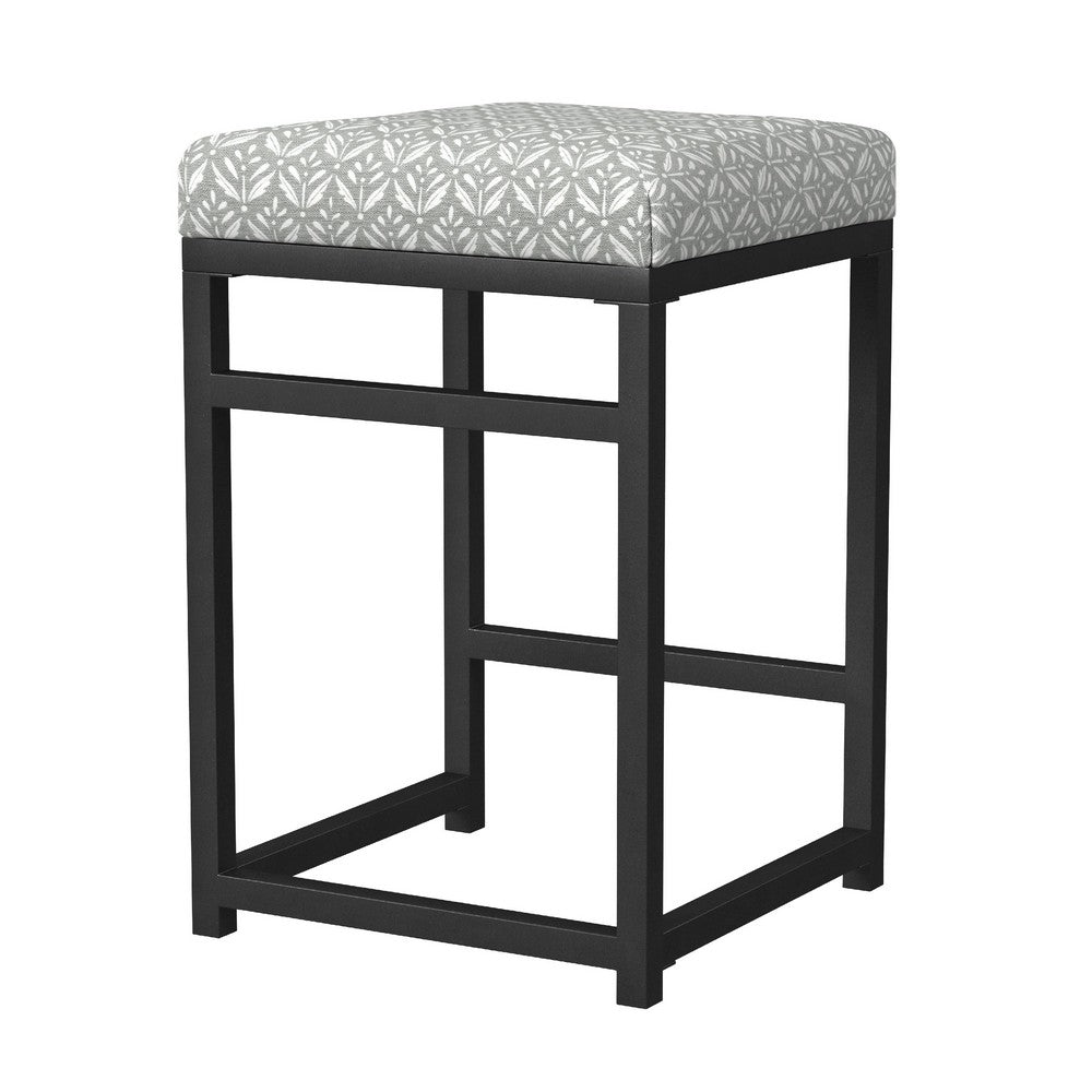 Toko Backless Counter Stool, Floral Gray Polyester, Black Metal -BM334131