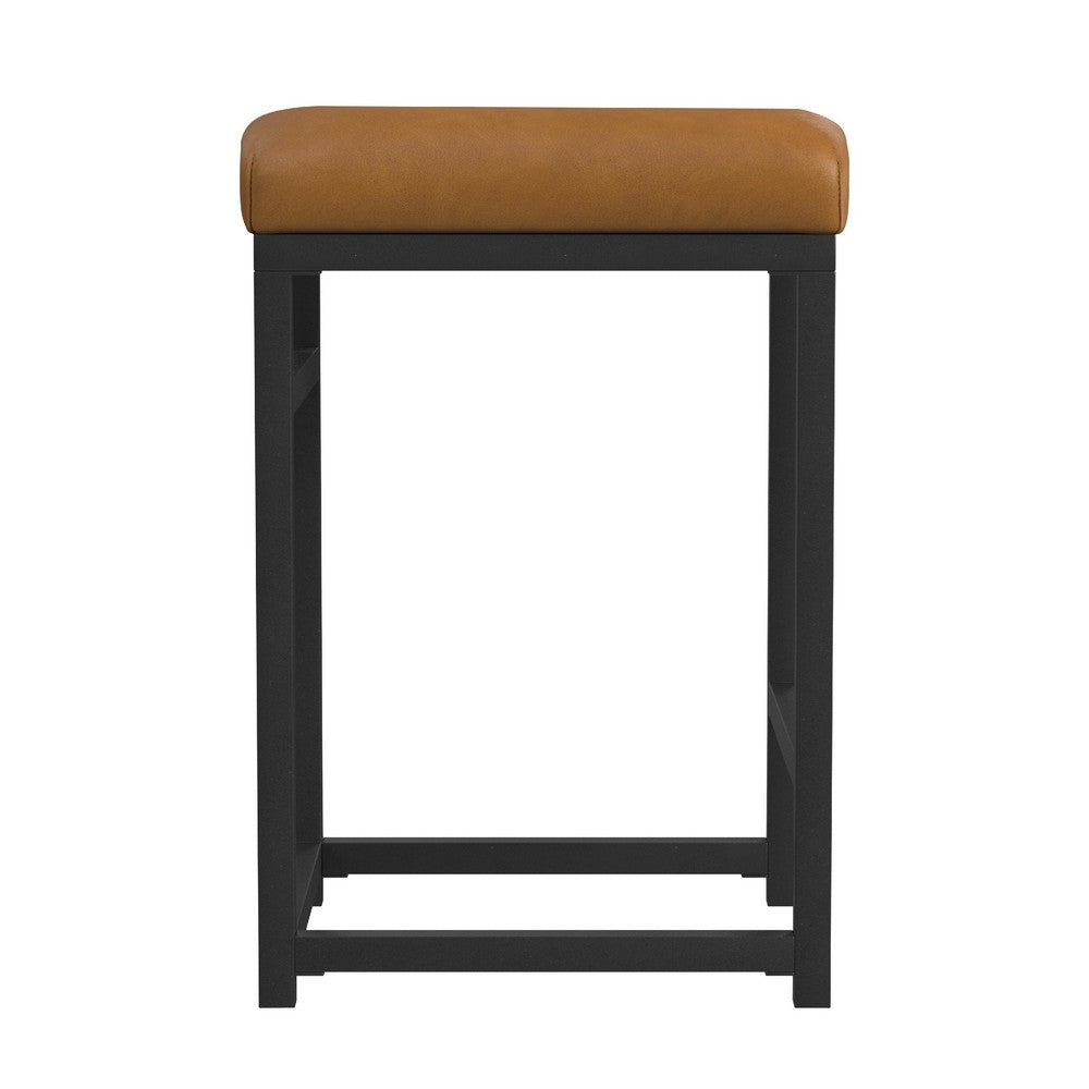 Toko Backless Counter Stool, Brown Faux Leather, Industrial Black -BM334132