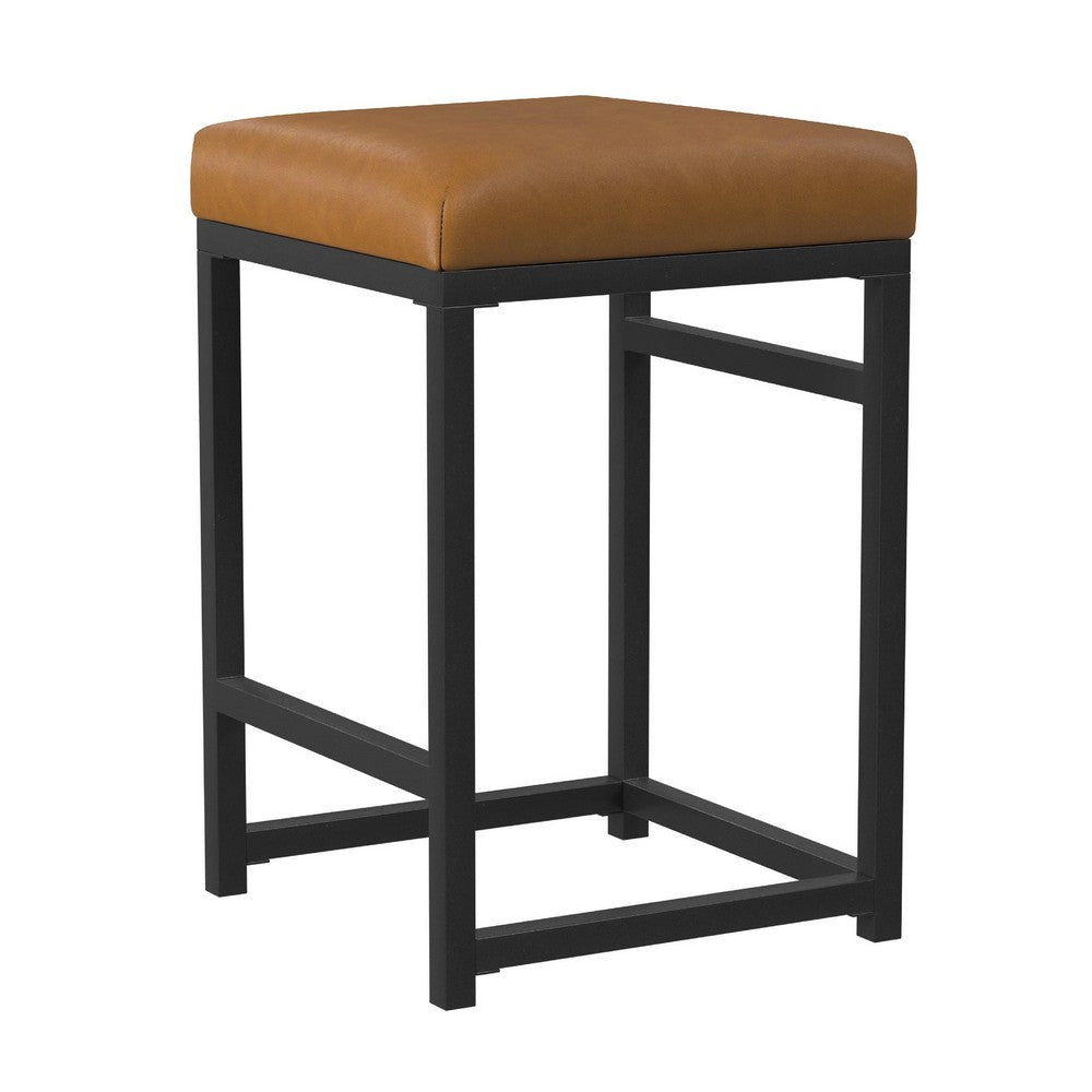 Toko Backless Counter Stool, Brown Faux Leather, Industrial Black -BM334132