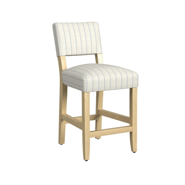Bowo Counter Stool Chair, Cream and Blue Stripes, Brown Hardwood Legs -BM334141