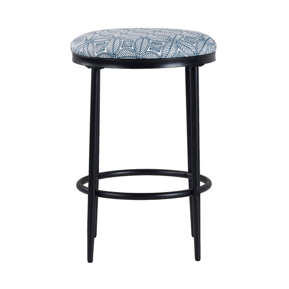 Nion Backless Counter Height Stool, Black Metal, Blue Medallion Print -BM334145