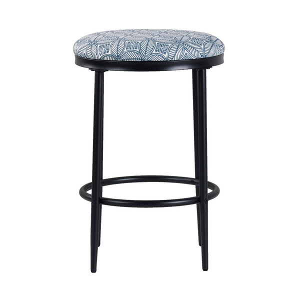 Nion Backless Counter Height Stool, Black Metal, Blue Medallion Print -BM334145