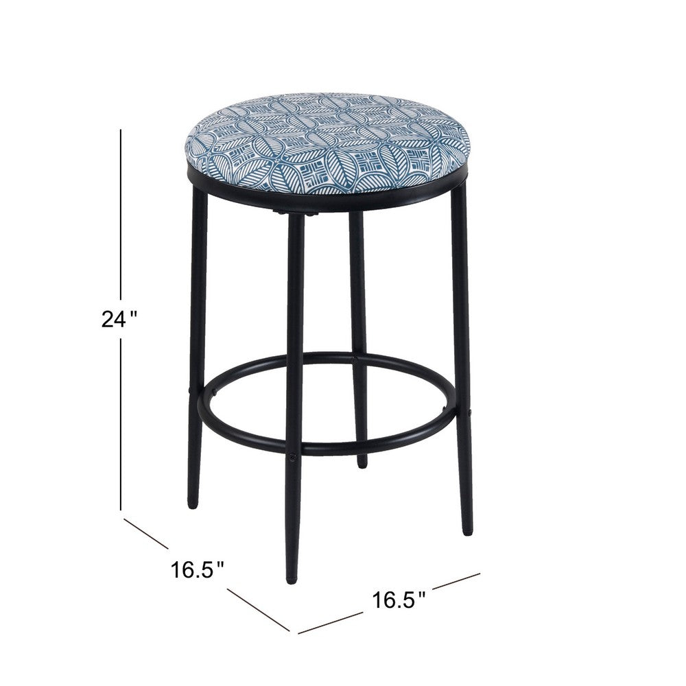 Nion Backless Counter Height Stool, Black Metal, Blue Medallion Print -BM334145