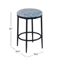 Nion Backless Counter Height Stool, Black Metal, Blue Medallion Print -BM334145
