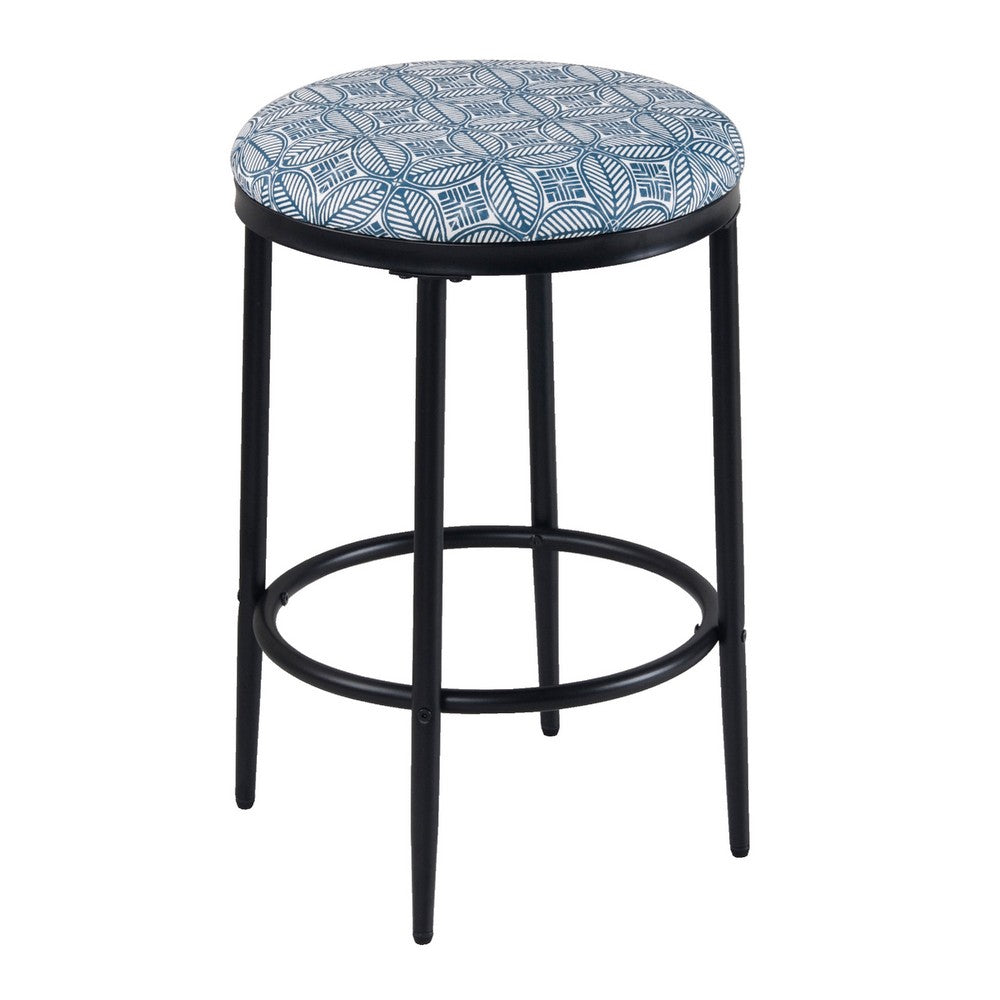 Nion Backless Counter Height Stool, Black Metal, Blue Medallion Print -BM334145