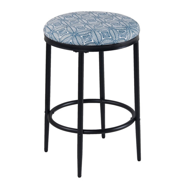 Nion Backless Counter Height Stool, Black Metal, Blue Medallion Print -BM334145