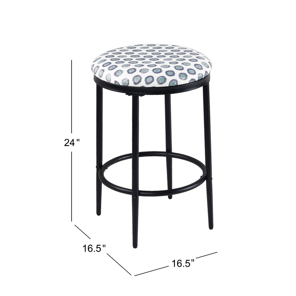 Nion Backless Counter Height Stool, Black Metal, White Medallion Print -BM334147