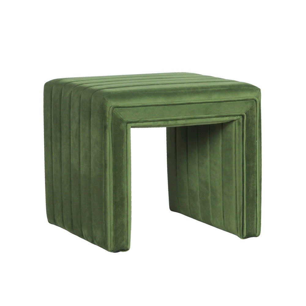 Ada Footstool Ottoman with Channel Tufted Green Velvet, 19 Inch -BM334151