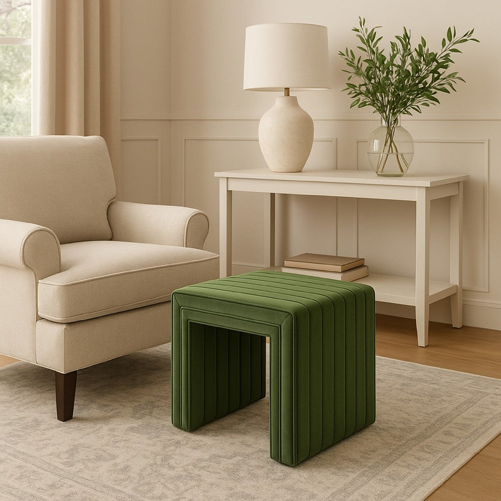 Ada Footstool Ottoman with Channel Tufted Green Velvet, 19 Inch -BM334151